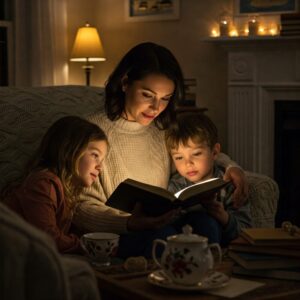 Mãe reunida com seus filhos, lendo e orando, simbolizando a importância da fé e dos valores na maternidade com propósito.