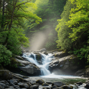 Cachoeira exuberante cercada por vegetação como expressão viva da criação divina.