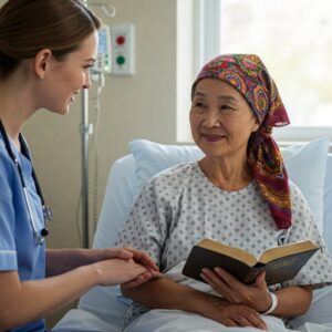 Mulher em tratamento hospitalar segura Bíblia no colo enquanto recebe apoio de enfermeira. A imagem reflete o enfrentamento da enfermidade com fé e resiliência, tópico central do artigo. 