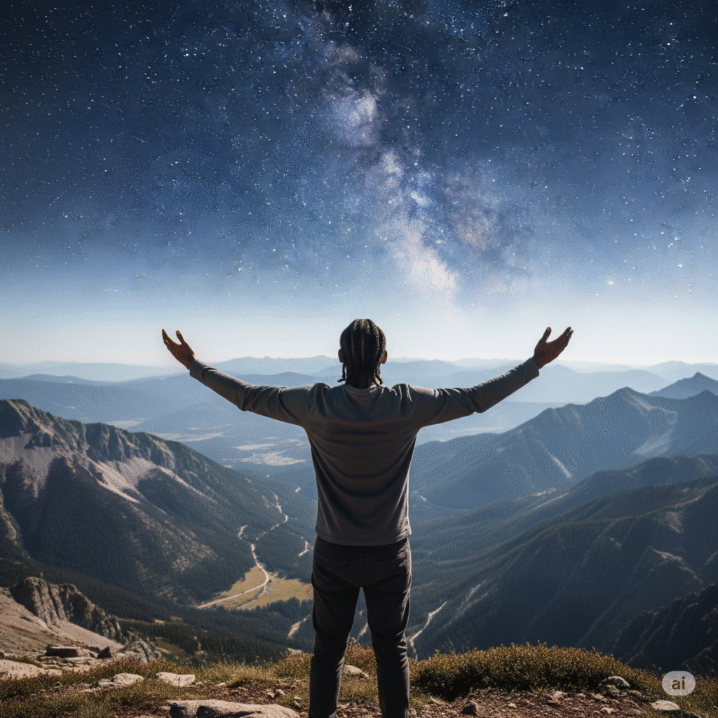 Céu estrelado sobre montanhas enquanto uma pessoa contempla a criação de Deus.