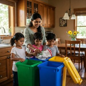"Família separando lixo reciclável em casa, representando ações práticas de mitigação ambiental." Pequenas Ações, Grandes Resultados