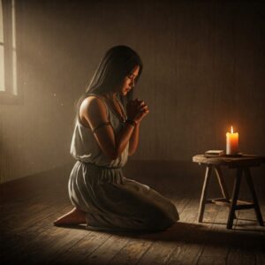 Mulher ajoelhada em oração, com vela ao lado e semblante sereno. A imagem simboliza a fé como âncora emocional, tema explorado no artigo sobre resiliência. 