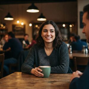 Pessoa sorrindo enquanto escuta atentamente em uma cafeteria aconchegante, representando a importância da presença e da escuta ativa nas interações humanas.