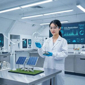 “Cientista exibindo tecnologias verdes como turbina eólica e painel solar em laboratório sustentável.”