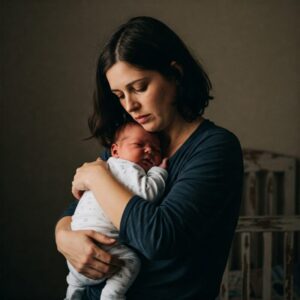  Mãe segurando seu bebê com expressão de amor e cansaço, refletindo os desafios reais da maternidade.