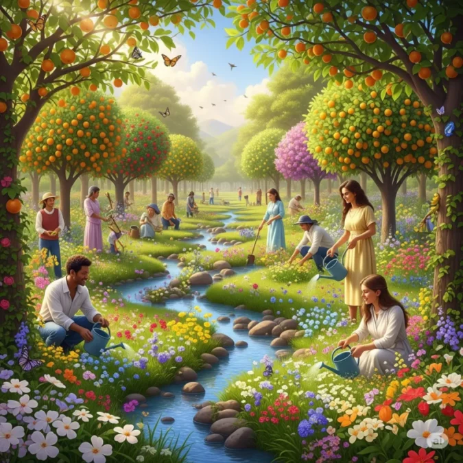 Pessoas de diferentes etnias em uma floresta ao amanhecer, contemplando a criação de Deus.