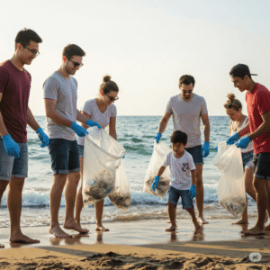 Pessoas limpando uma praia, representando a prática da ecologia cristã e o cuidado com a criação divina.