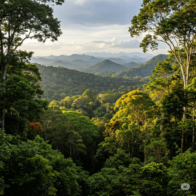 Floresta tropical com árvores densas, luz filtrando pelas folhas e montanhas ao fundo, representando a biodiversidade afetada pelas mudanças climáticas.