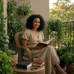 Mulher lendo em varanda florida com expressão serena, enquanto Bíblia e caderno estão abertos sobre a mesa. Benefícios do hábito de leitura: corpo, mente e espírito em equilíbrio