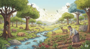 Vista do Jardim do Éden com Adão e Eva em harmonia com a natureza – reflexo do propósito de Deus na criação.