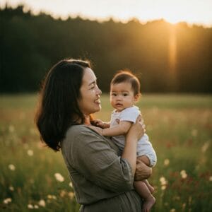 Mãe segurando seu bebê com amor, cercada por luz suave e natureza, simbolizando o propósito e a transformação na maternidade.