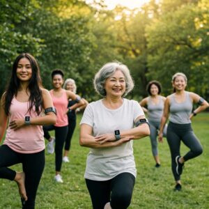 Mulher usando smartwatch e fones de ouvido, meditando ao ar livre para reduzir o estresse. Benefícios dos Wearables e Dispositivos de Saúde para Mulheres
