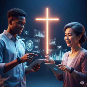 Homem e mulher em ambiente digital futurista usando dispositivos inteligentes, com hologramas e elementos de saúde, representando o impacto positivo dos avanços da inteligência artificial com fé e equilíbrio.