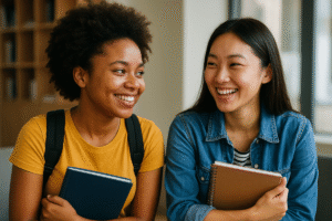 Duas jovens, com seus blocos de notas felizes aguardando para iniciar a formação.