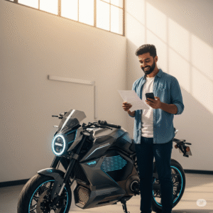 Economia e Bem-estar com Motos Sustentáveis na Mobilidade Urbana. Dono de moto sustentável avaliando economia no transporte urbano.