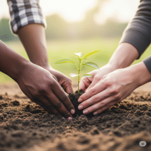 Mãos de diferentes etnias plantando uma muda em solo fértil, representando ação prática de fé cristã.