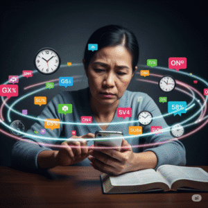 Pessoa lidando com excesso de estímulos digitais, em contraste com a presença de uma Bíblia, simbolizando o equilíbrio entre fé e tecnologia. 