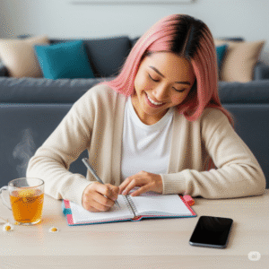 Pessoa organizando sua rotina com planner e celular desligado, ilustrando ações práticas contra a procrastinação digital.