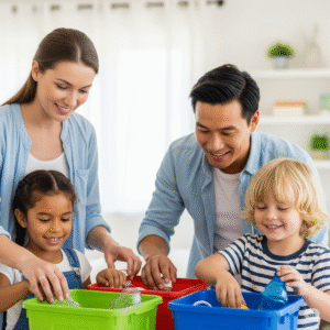 Família de diferentes idades separando recicláveis com alegria, em ambiente doméstico organizado.