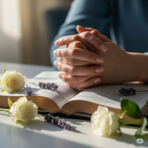Mãos unidas em oração sobre uma mesa com flores e anotações devocionais. Ilustra a espiritualidade por trás da prática da sustentabilidade.