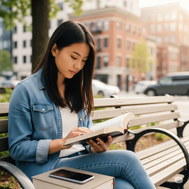 Mulher em momento de leitura espiritual ao ar livre, com celular ao lado, representando o uso intencional da tecnologia — tema do artigo sobre procrastinação digital.