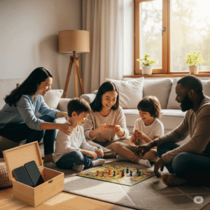 Família unida em uma atividade sem celular, destacando o valor do tempo offline para fortalecer vínculos e reduzir a procrastinação digital.