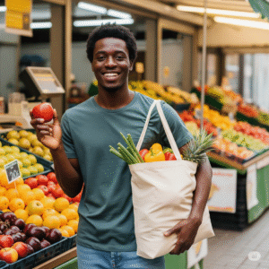  Jovem sorridente comprando frutas locais com sacola retornável em feira livre, representando hábitos sustentáveis.