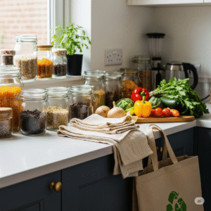 Alimentos naturais em potes de vidro reutilizáveis e sacola ecológica sobre a bancada de uma cozinha iluminada.