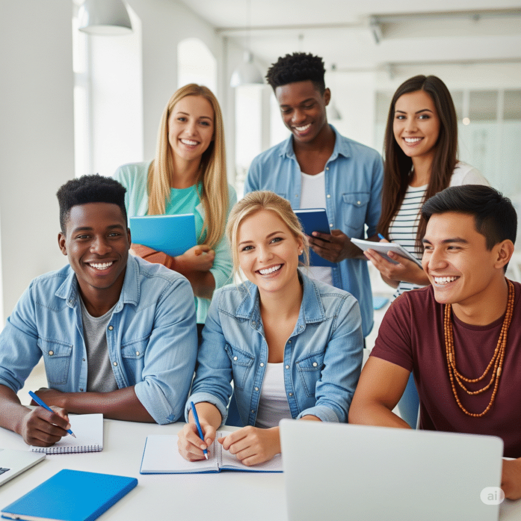 Grupo de jovens aprendizes de diferentes origens étnicas, sorrindo com materiais de estudo nas mãos, simbolizando as oportunidades da aprendizagem profissional no Brasil.