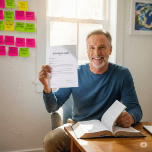 Homem comemorando nova oportunidade de emprego com Bíblia aberta e frases motivacionais, simbolizando virada de vida com fé.