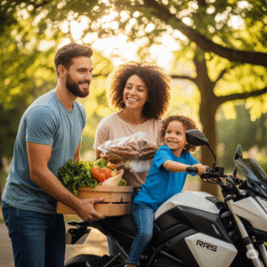 O Impacto de Escolher Motos Sustentáveis na Vida Diária. Família com moto sustentável vivendo rotina leve e econômica.
