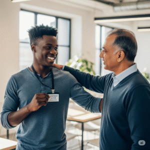 Mentor(a) cumprimenta jovem aprendiz ao chegar na empresa, ilustrando o acolhimento e o impacto da aprendizagem profissional na inclusão social. 