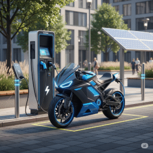 Moto sustentável em estação de recarga, mostrando avanço da mobilidade urbana consciente.