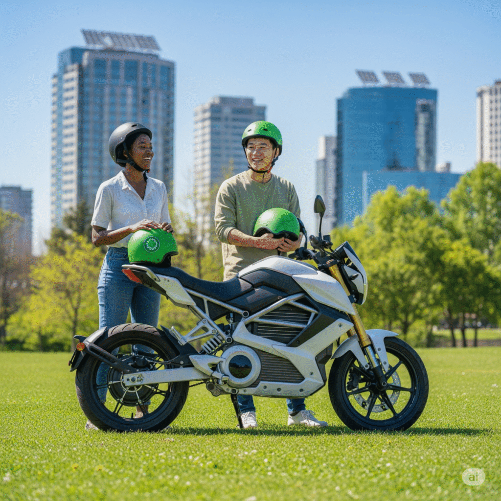 Casal ao lado de moto elétrica em cidade sustentável, representando o impacto das motos sustentáveis na mobilidade urbana.