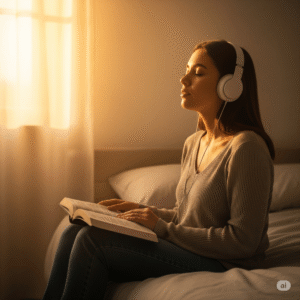 Mulher ouvindo canções com fones de ouvido enquanto lê a Bíblia, representando como a música cristã promove equilíbrio espiritual e bem-estar emocional