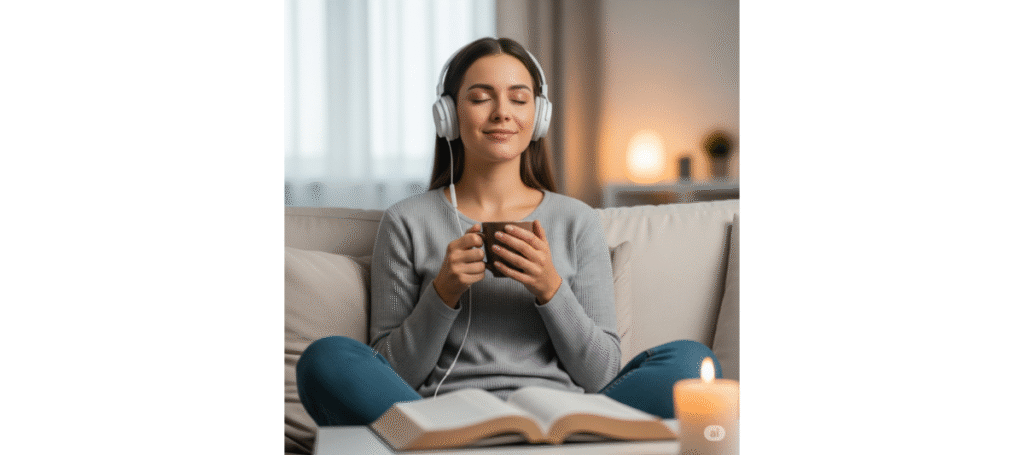 Mulher ouvindo música cristã com fones de ouvido, em momento de fé e paz interior no lar.