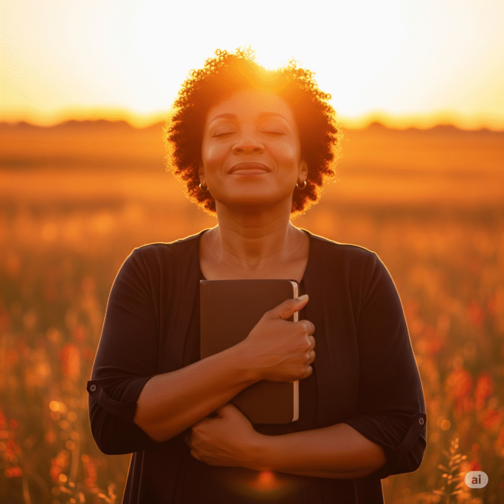 Mulher segurando a Bíblia no peito ao pôr do sol, representando fé, superação e esperança para recomeçar com frases motivacionais 2025.