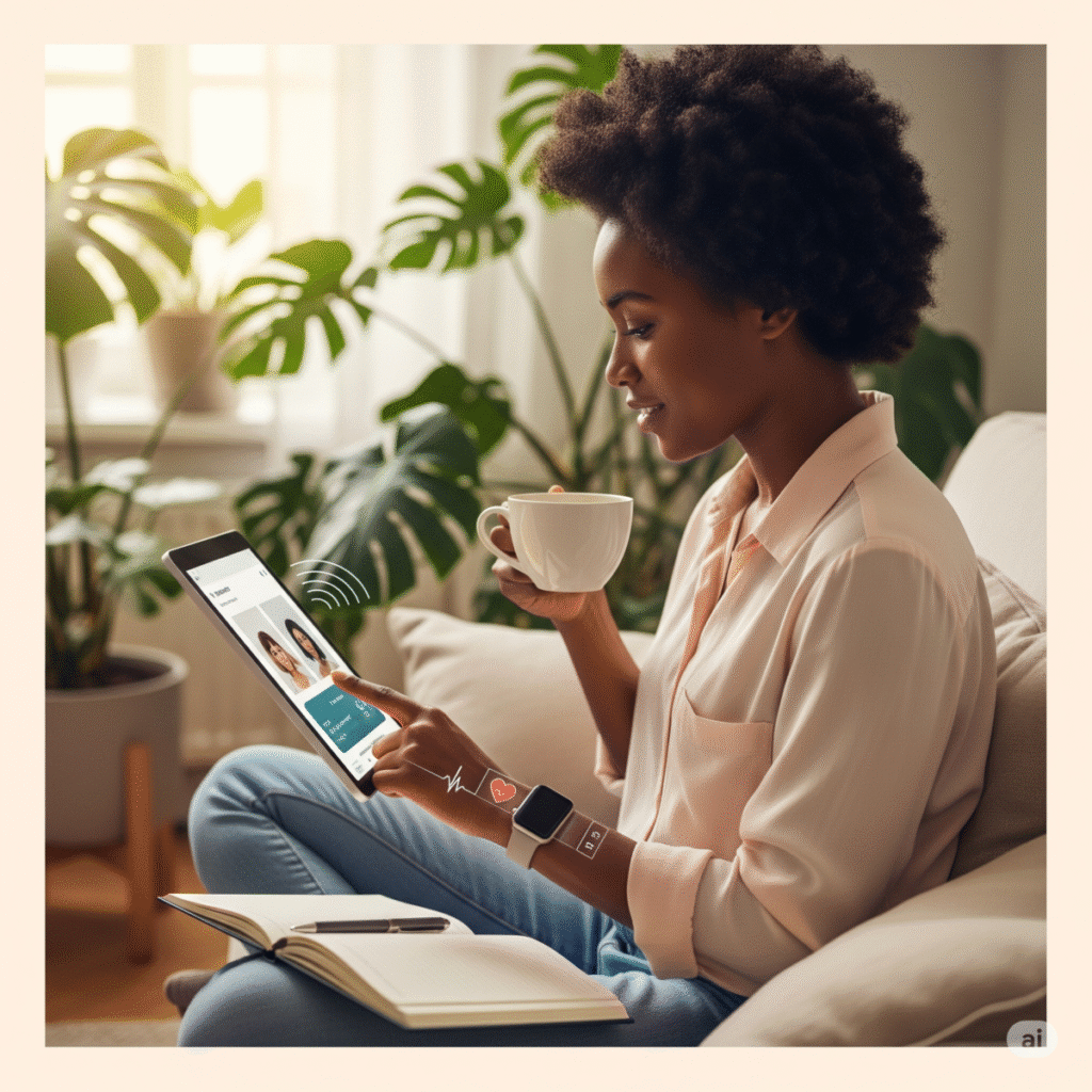 Mulher adulta usando tablet para meditação guiada e smartwatch no pulso, sentada em ambiente calmo com plantas e luz natural, representando o uso da tecnologia para promover saúde emocional.