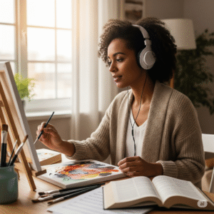 Mulher pintando em um ambiente tranquilo enquanto ouve música, representando o papel terapêutico da arte na cura interior e sua contribuição para a saúde emocional e espiritual. 