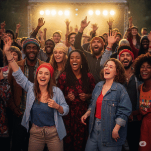 Pessoas de diferentes perfis reunidas em um show ao ar livre, celebrando a música como fonte de cura emocional e bem-estar.