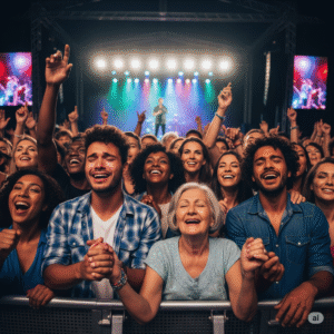 Público emocionado em um show ao vivo.