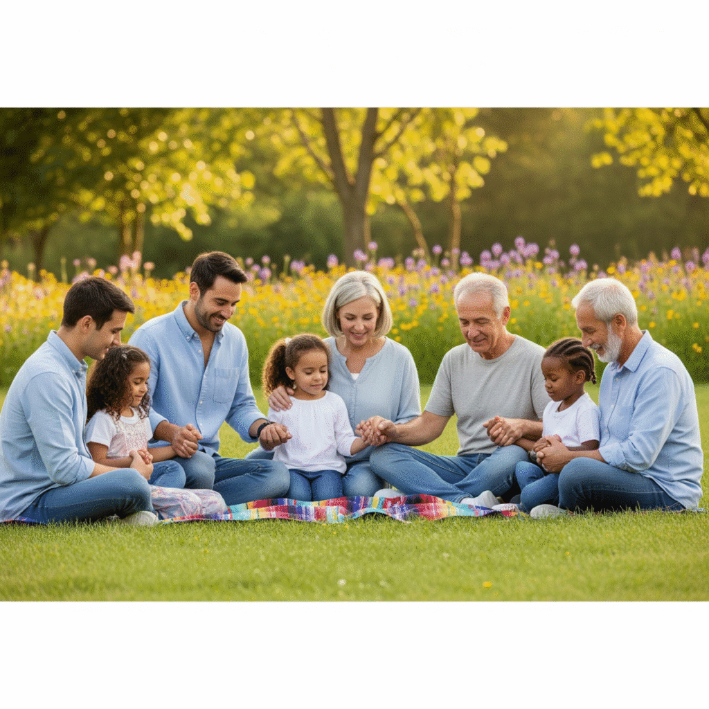Família diversa em oração ao ar livre, demonstrando espiritualidade e conexão com a criação.