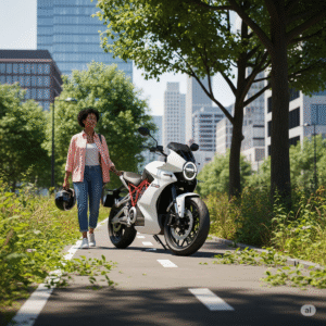 Mulher próxima a moto sustentável em ciclovia verde, simbolizando escolha consciente e vida urbana ecológica.
