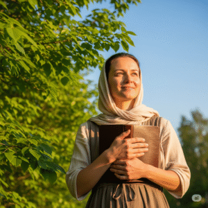 Mulher cristã sorrindo com a Bíblia nas mãos em meio à natureza, representando fé e cuidado com a criação.
