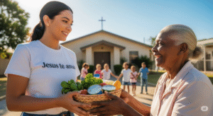 Voluntária entrega cesta a idosa com amor cristão em comunidade. Representando: Instituições Cristãs Confiáveis para Servir com Propósito