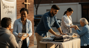 Voluntários cristãos realizando ações simples com amor e compaixão, como entrega de comida e oração