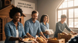 Voluntariado cristão com pessoas diversas em ação de serviço solidário e espiritual