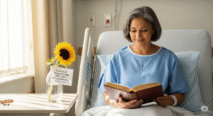 mulher com Bíblia em hospital demonstrando fé e paz