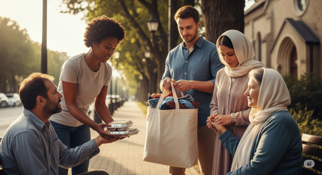 Voluntários cristãos realizando ações simples com amor e fé, como entrega de alimentos e oração. Servindo como vountários.