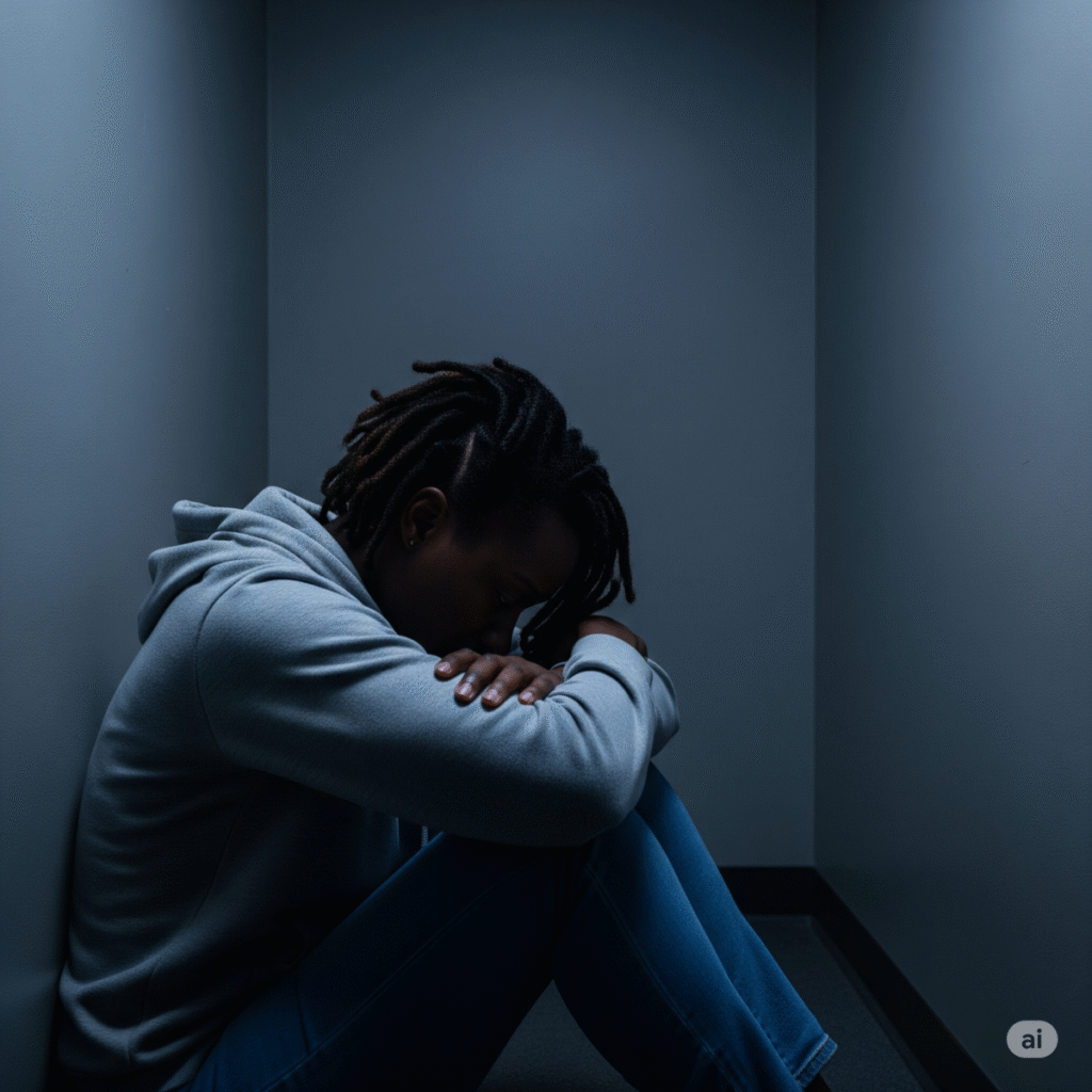 Homem, expressando frustração e confusão em um ambiente escuro, simbolizando o estado de paralisia emocional e bloqueio psicológico.